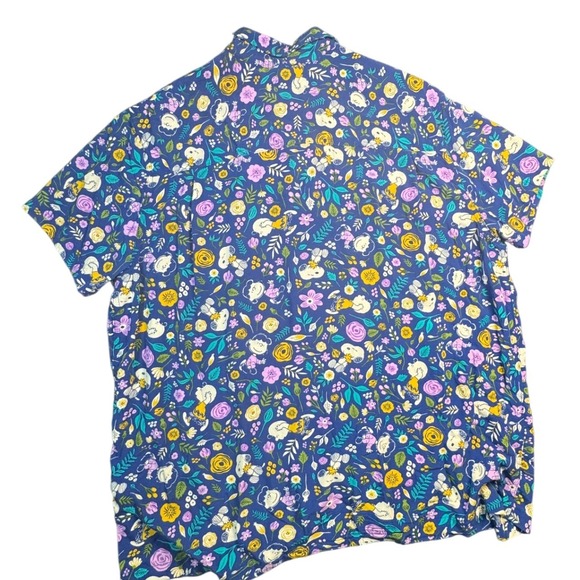 Peanuts Snoopy Charlie Brown Floral Rayon Button Down Shirt Blue Mens XL Camp - Picture 3 of 4